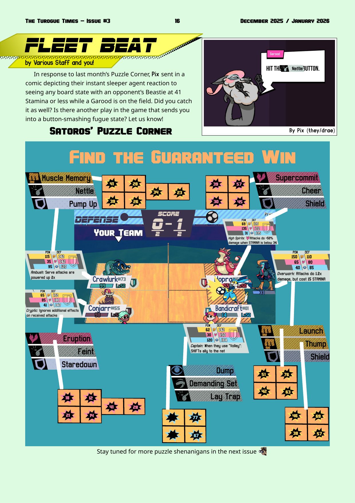 Page 16. Fleet Beat with a one panel comic by Pix, and Satoros' Puzzle Corner